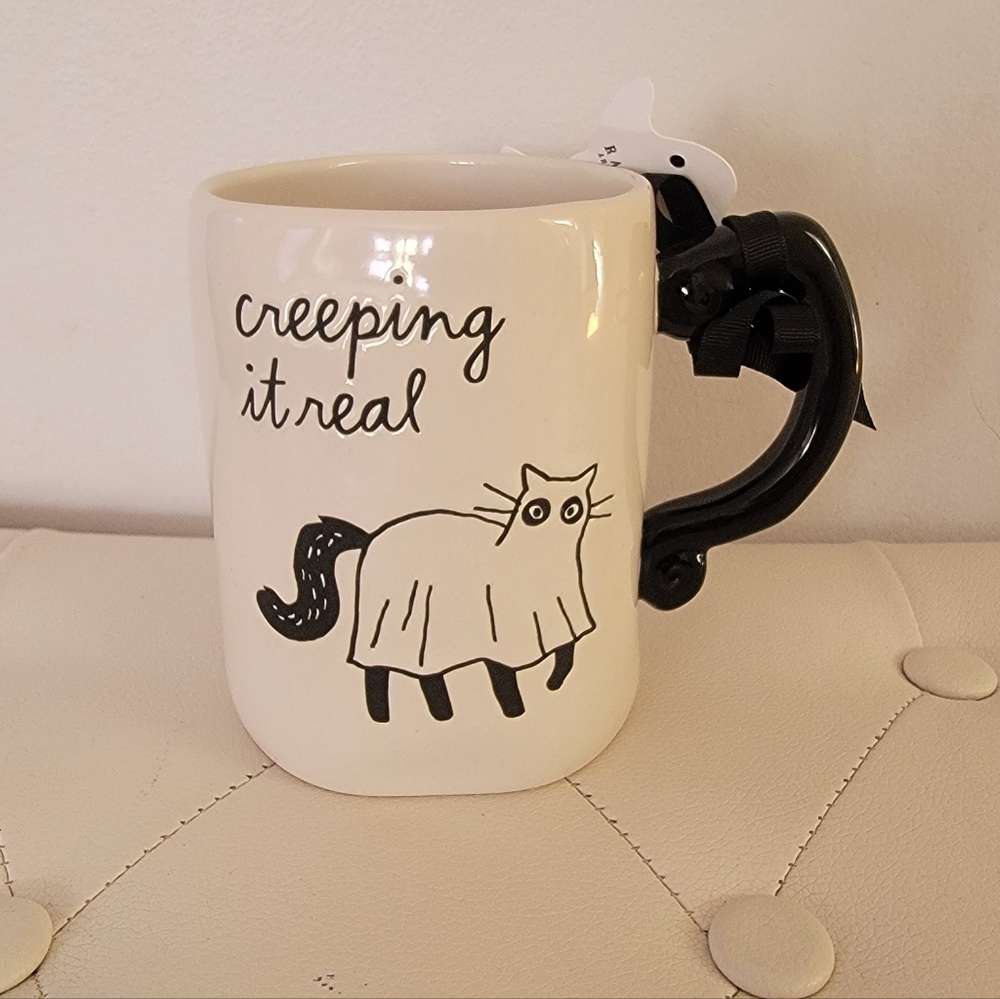 Rae Dunn "Creeping It Real" Ghost Cat Halloween Ceramic Mug 2025 NWT